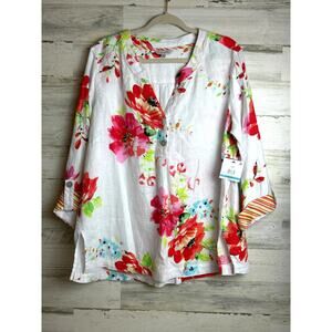 John Mark Womens 0X White Linen Floral Tunic Roll Cuff Boho Summer Blouse NEW